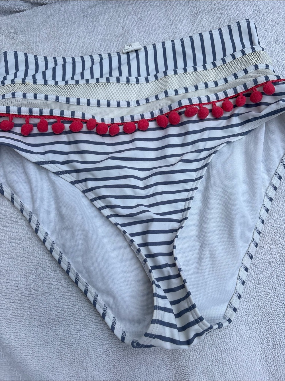 Girls Navy Stripe Bikini Bottoms with Red Pom Trim -